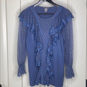 blue floral lace ruffle sheer long sleeve shirt